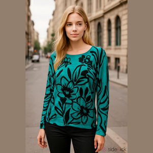 Cache Teal Black Floral Long Sleeve Top Oversized Medium